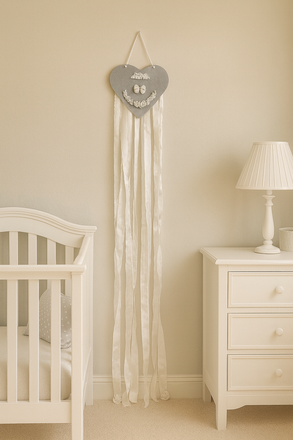 Dormitorio de guagua decorado con Adorno de pared de corazón gris estilo romántico con adornos en cerámicas pintado con fondo craquelado y tiras de algodón exclusivo Lily Garden & deco
