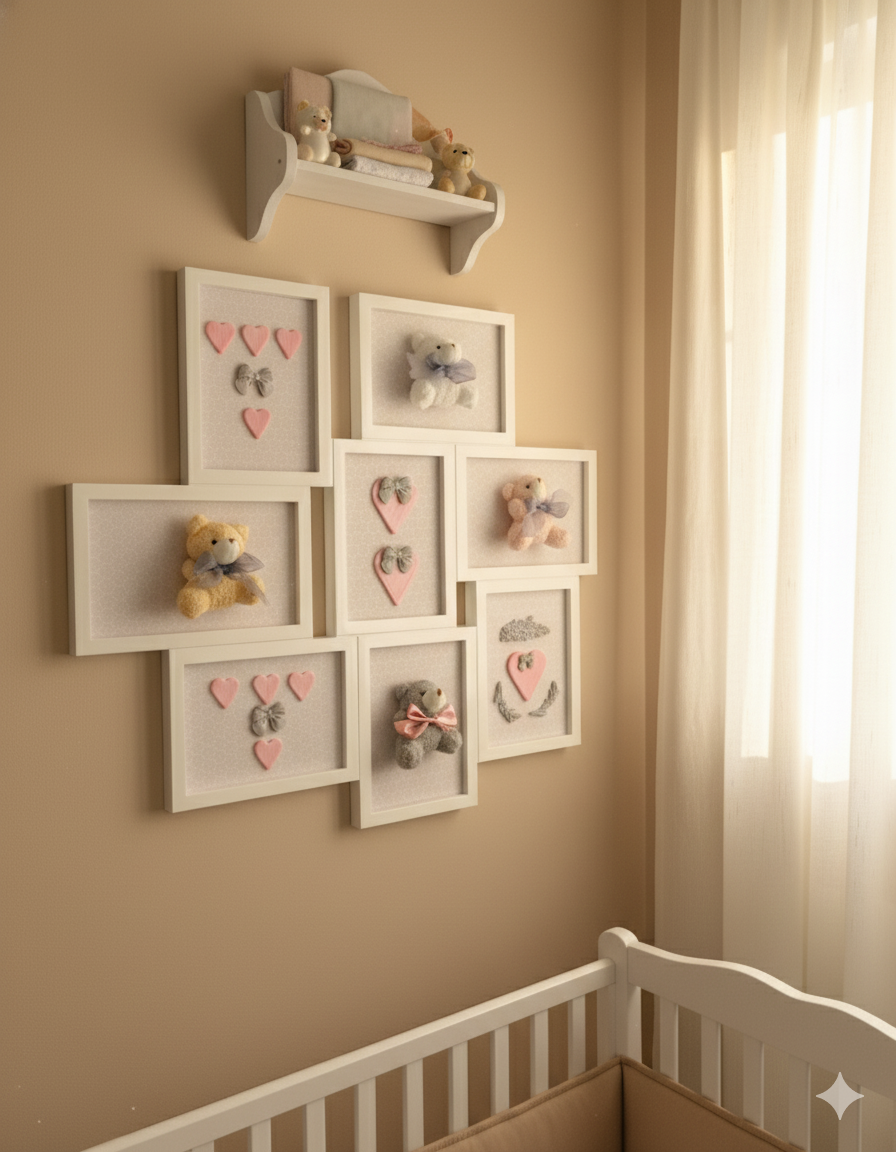 Dormitorio de guagua decorado con  Cuadro collage de diseño romántico exclusivo Lily Garden & deco con  corazones en cerámica ,osito de peluche fondo de tela
