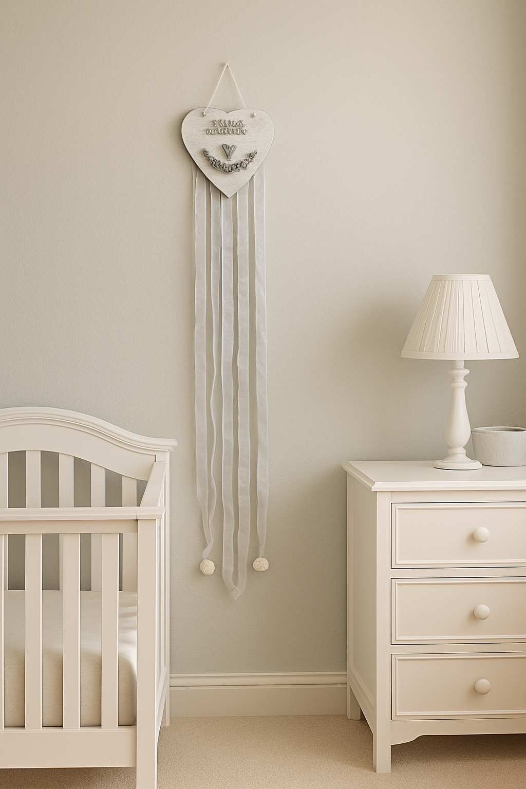 Dormitorio infantil decorado con Corazón colgante decorativo  con adornos en cerámica tiras de tela de algodón y cintas de organza Lily Garden & deco