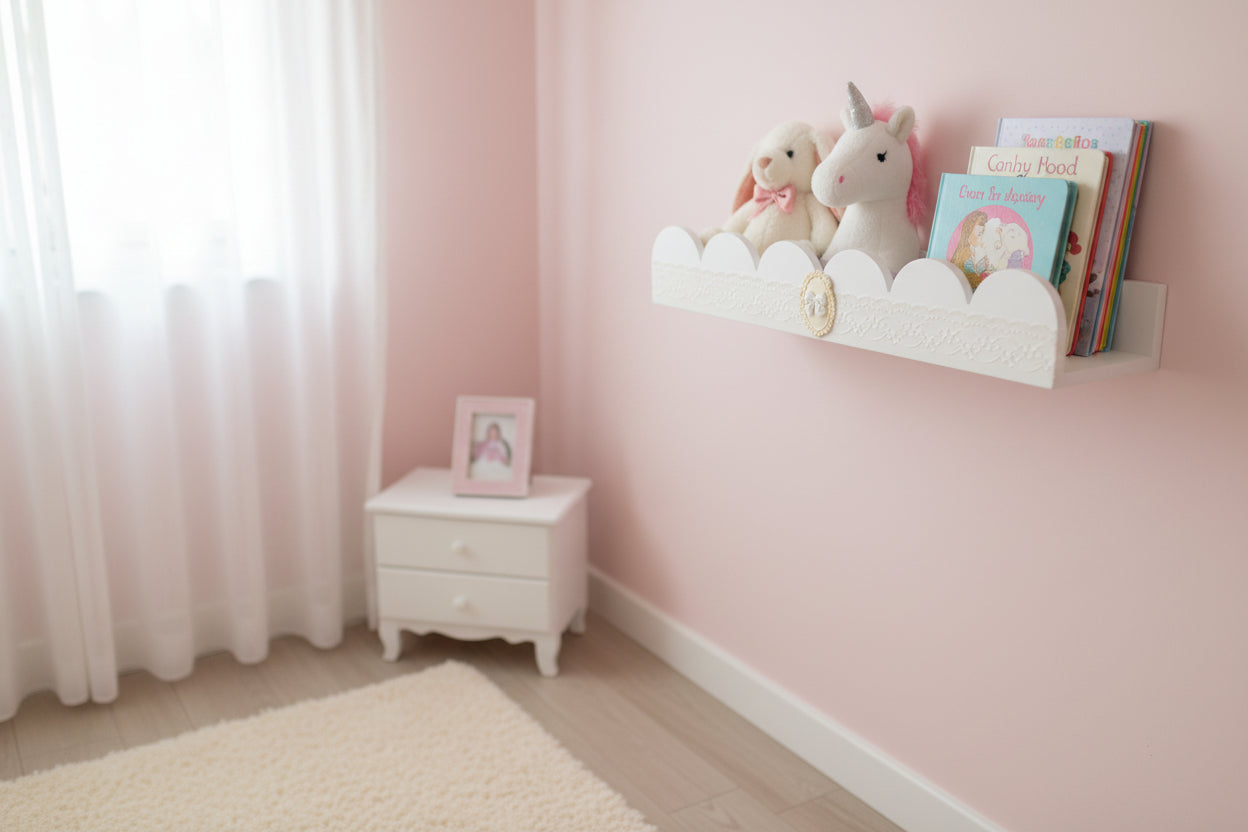 Habitación con Estante infantil de muro blanco de madera para libros y peluches Lily Garden & deco