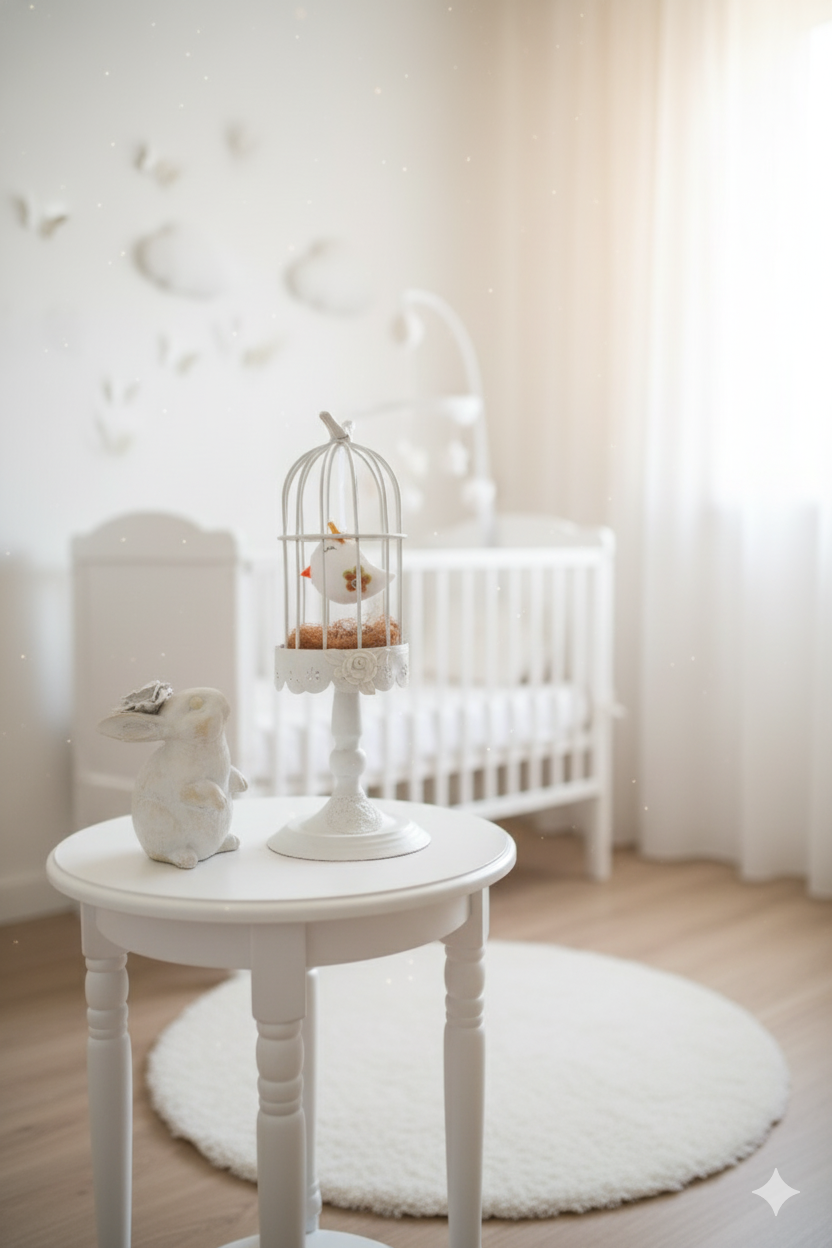 Habitación de guagua decorada con Jaula vintage romántica con pajarita de tela para dormitorio de niña Lily Garden & deco