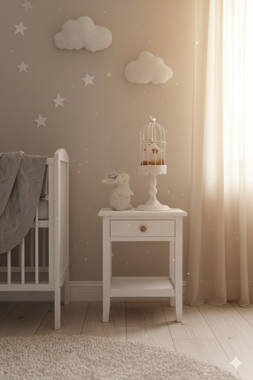 Habitación de recién nacido decorada con Jaula vintage romántica con pajarita de tela para dormitorio de niña Lily Garden & deco