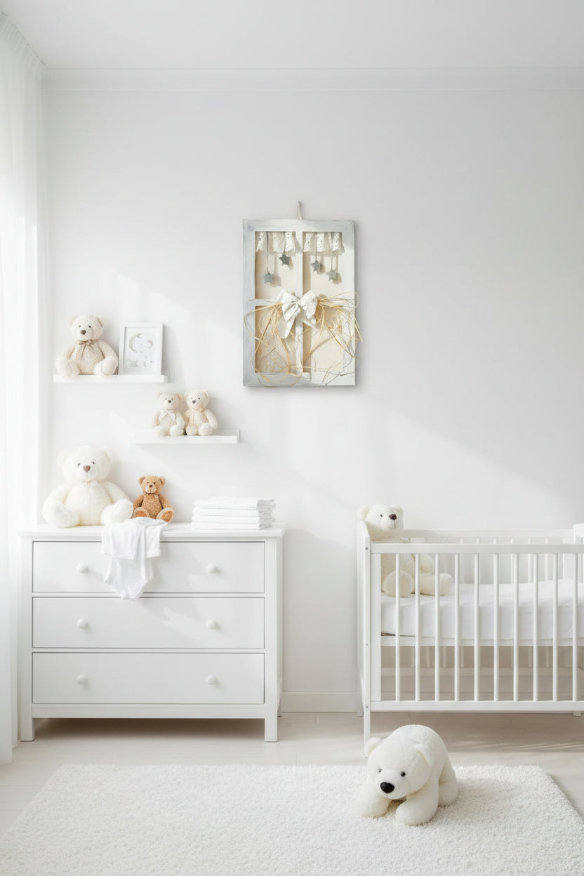 Habitación decorada con cuadro de madera con forma de ventanita decorado con cortinas de encaje , estrellitas de cerámica y fibras naturales Exclusivo de Lily Garden & deco