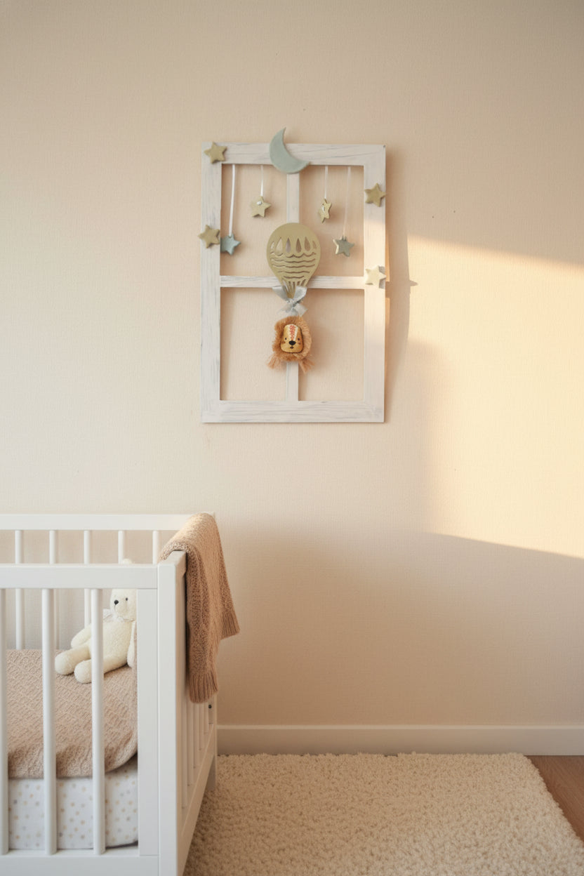 Habitación infantil decorada con cuadro  en forma de ventana león , globo y estrellas Lily Garden & deco