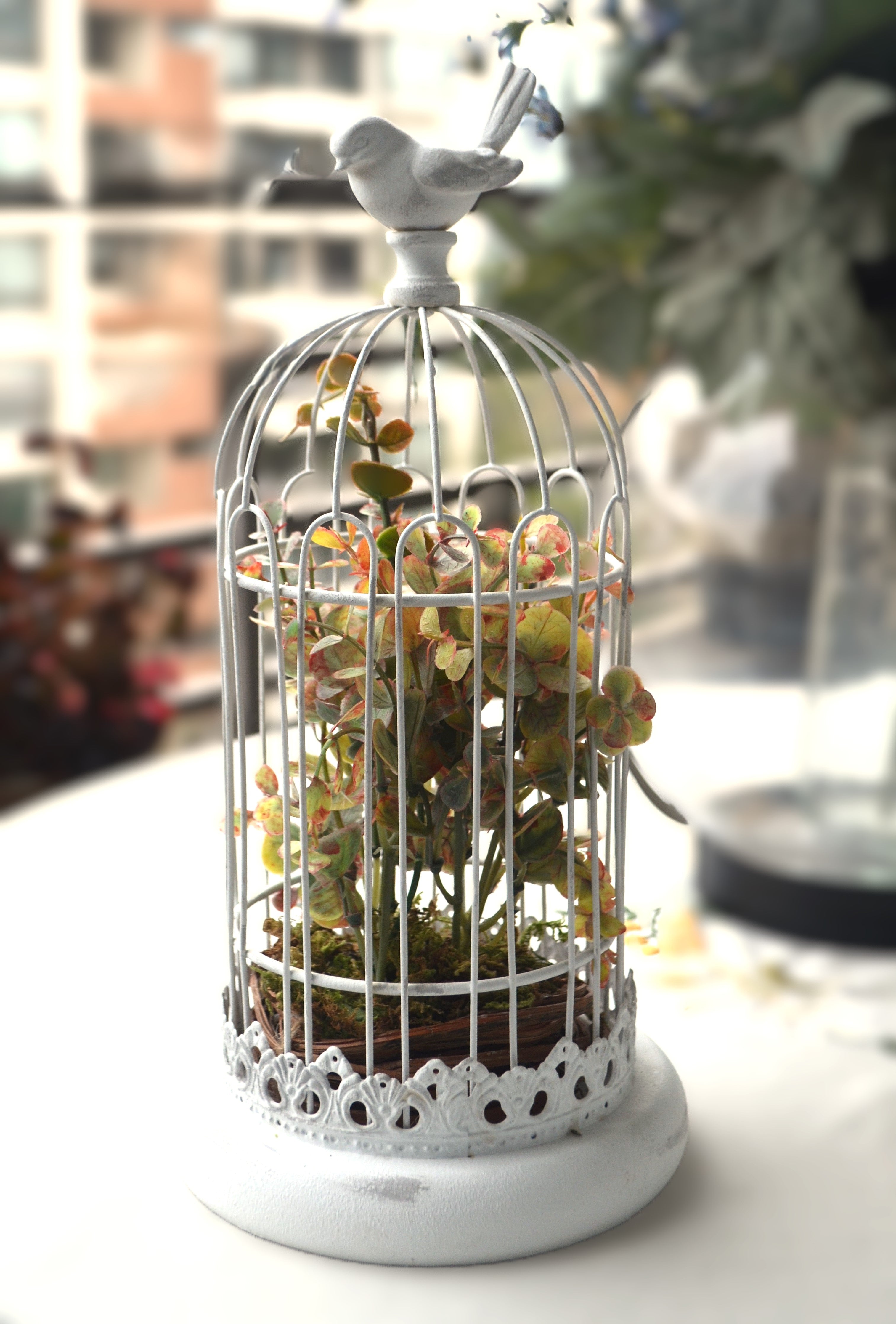 Jaula estilo romántico blanca con ramas de tela en el interior para interior de tu casa o para tu jardín o terraza Lily Garden & deco