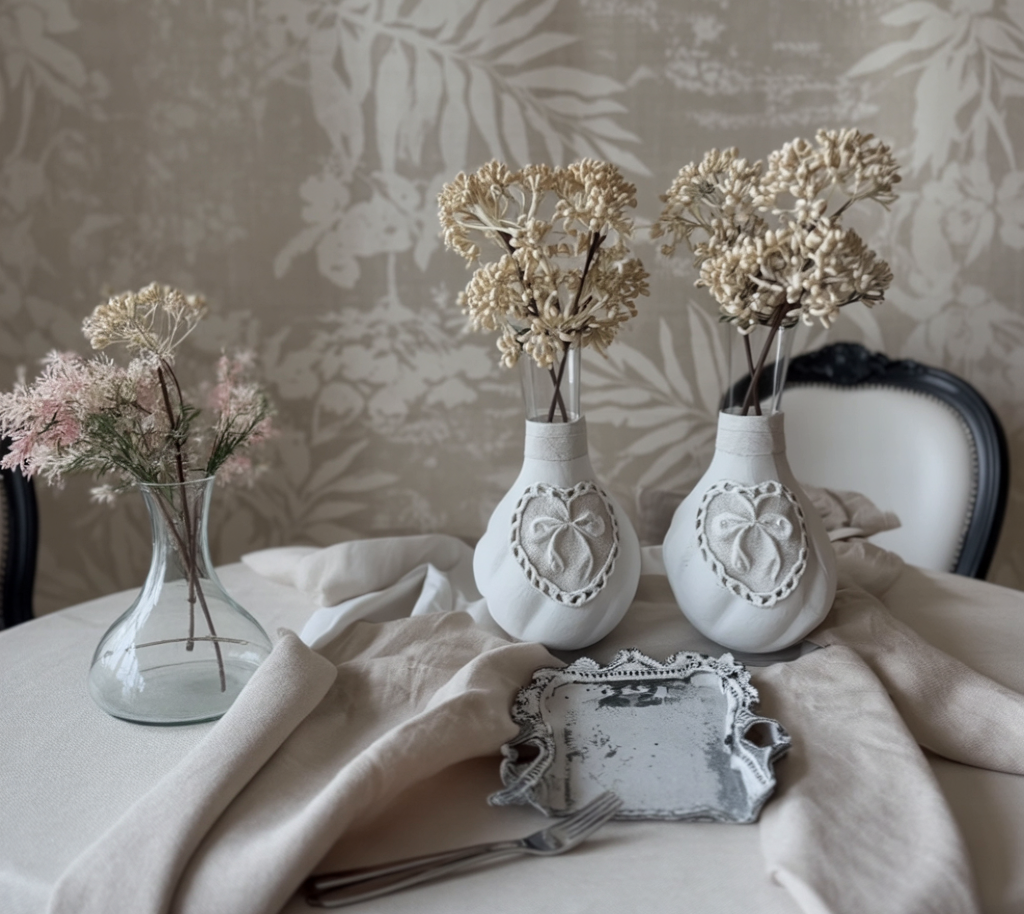 Mesa decorada con  florero pintado estilo vintage blanco con aplicación de cinta de algodón y encaje Lily Garden & deco