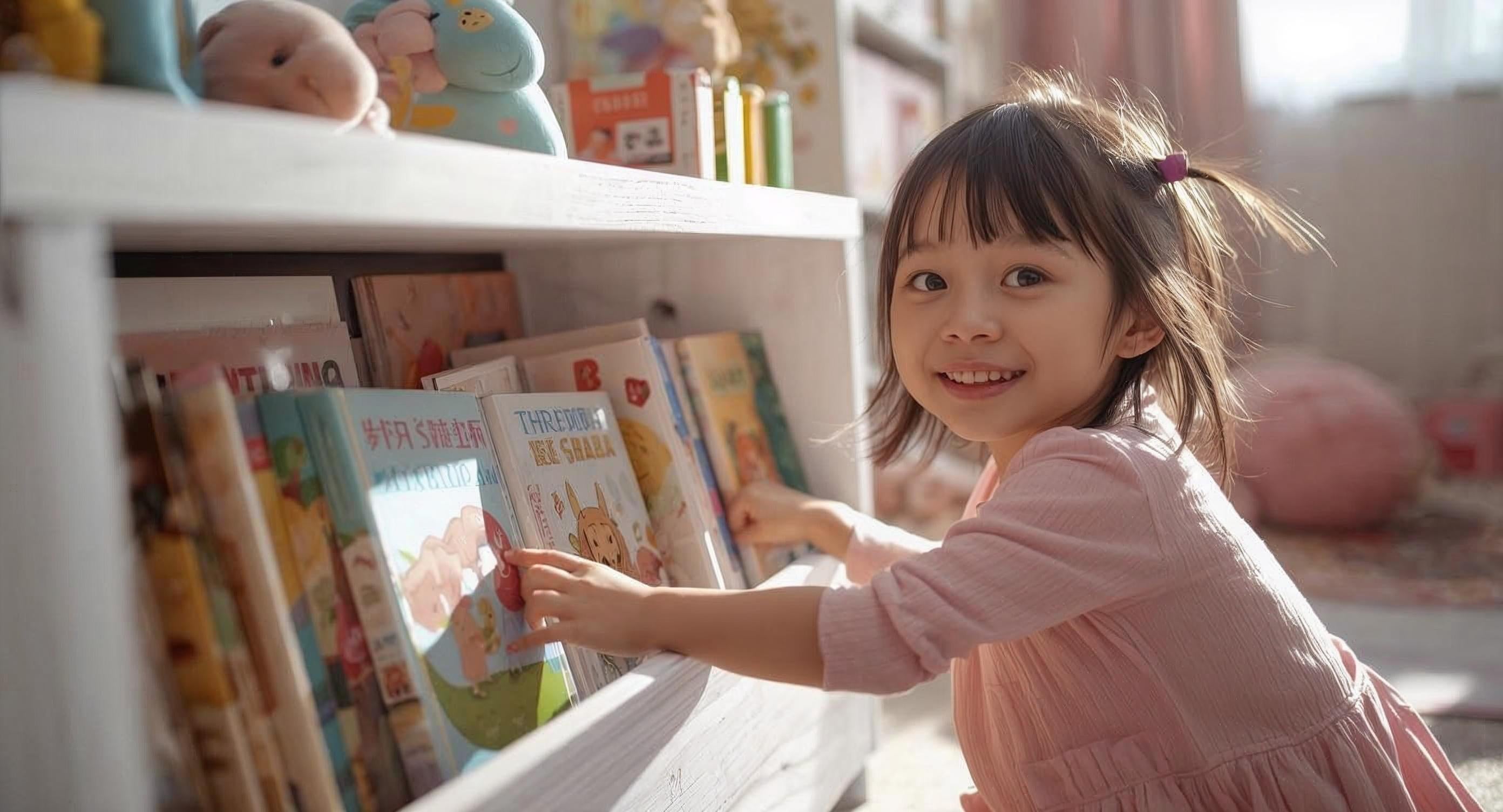 Niña eligiendo un cuento de librero Montessori blanco Lily Garden & deco
