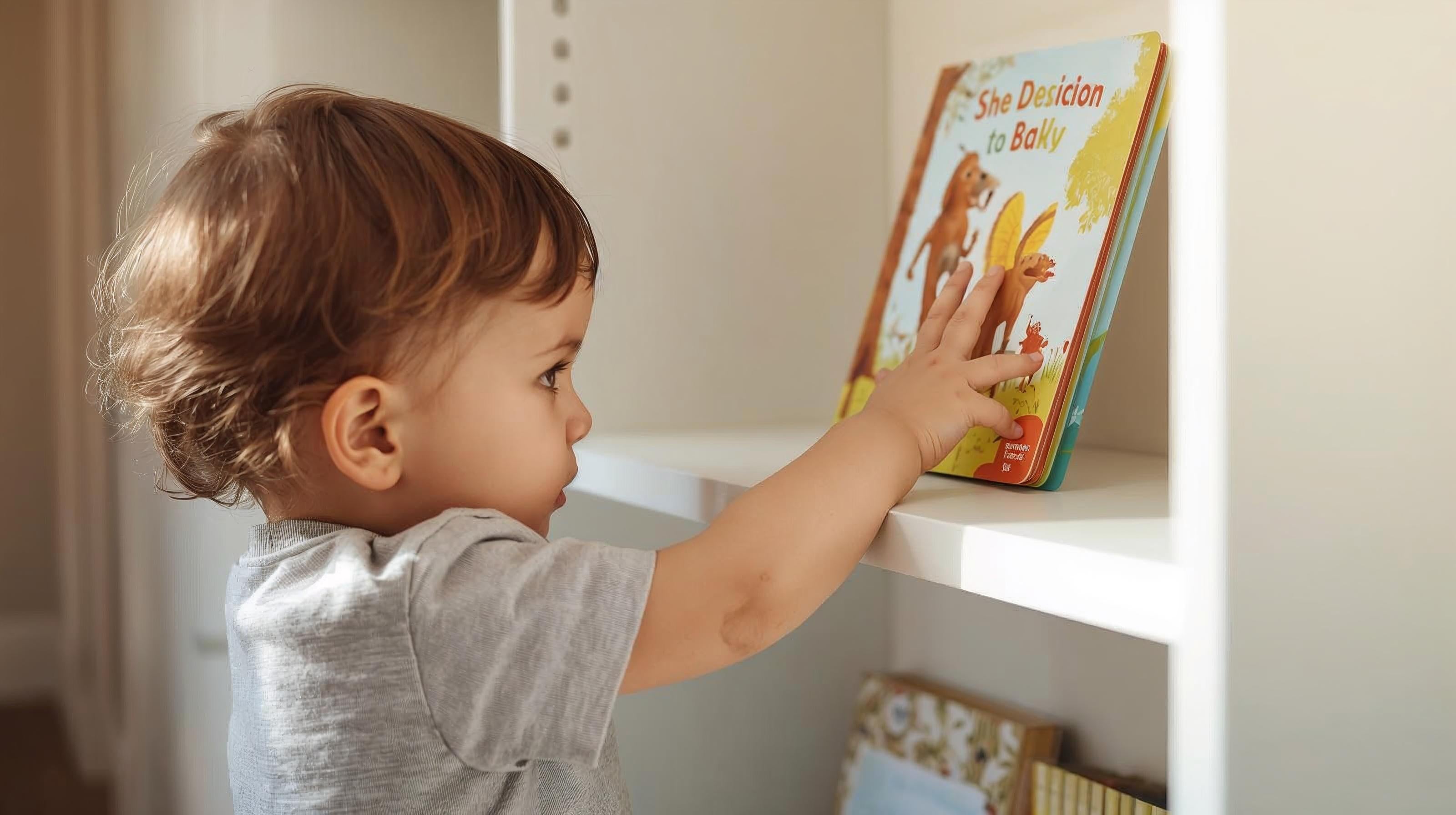 Niño usando librero Montessori para fomentar la lectura temprana