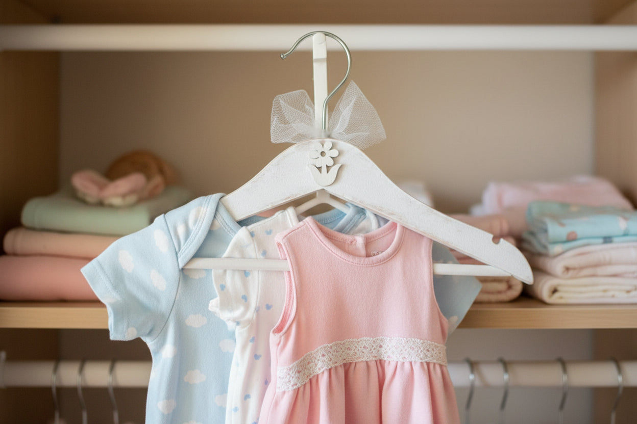 Set de ganchos de ropa infantil estilo vintage romántico organizando ropa de niña Lily Garden & deco