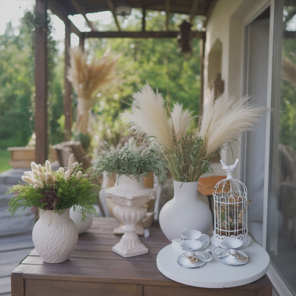 Terraza decorada con jaula estilo romántico blanca con ramas de tela en el interior para interior de tu casa o para tu jardín o terraza Lily Garden & deco