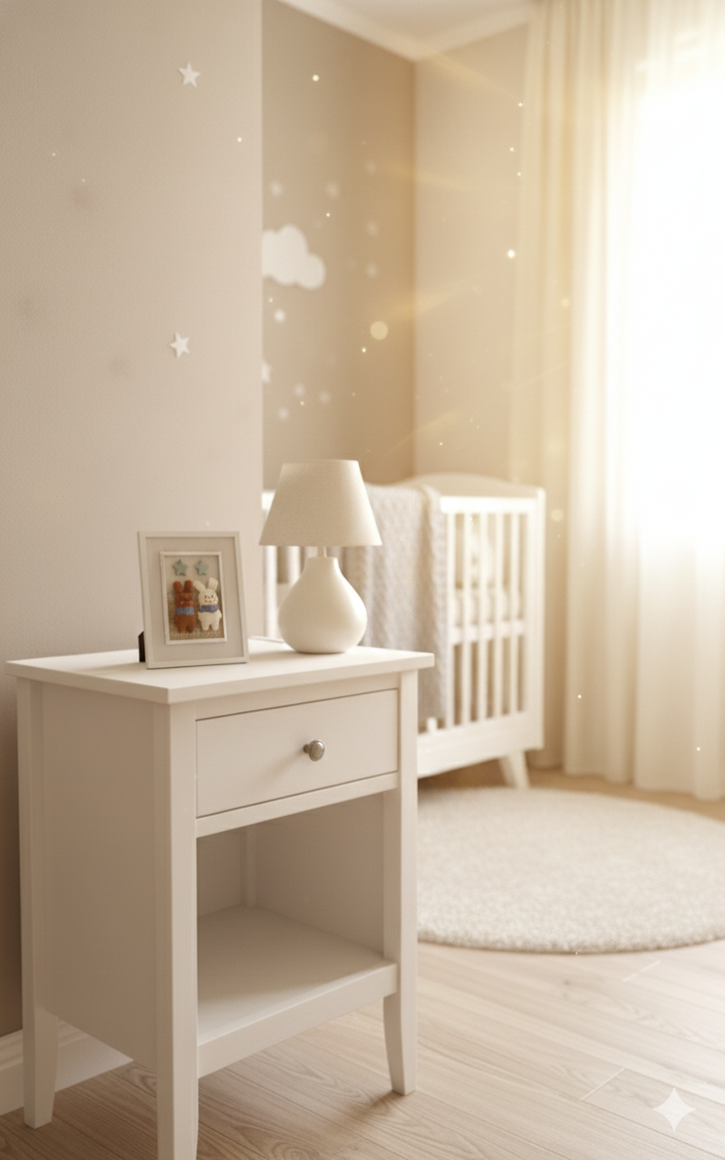 Velador decorado con Cuadro  infantil blanco con conejitos de tela , cerámica y arpillera Lily Garden & deco