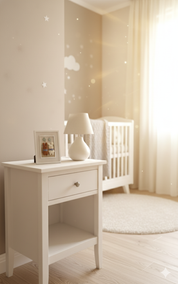 Velador decorado con Cuadro  infantil blanco con conejitos de tela , cerámica y arpillera Lily Garden & deco